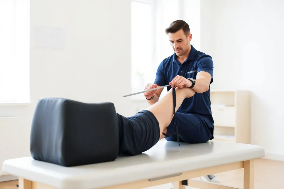 Physiotherapist guiding knee rehabilitation exercise after ACL surgery at PHYSIOWRLD